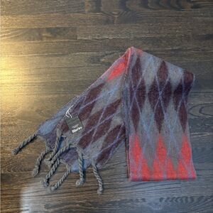 NWT Primark Rita Ora Wool Blend Argyle Scarf in Red and Gray with Tassels